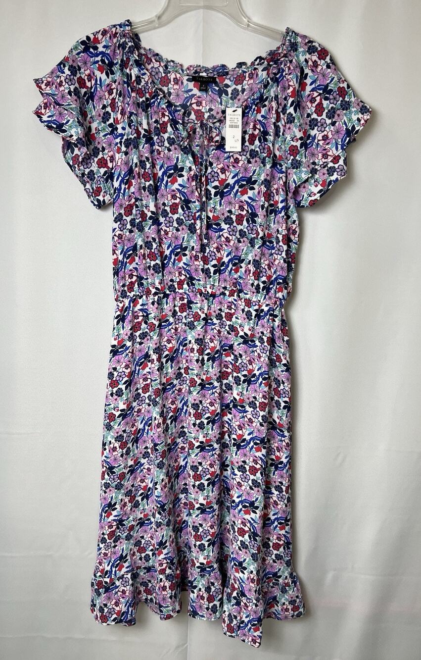 Talbots NWT Paradise Purple Floral Flutter Sleeve Popover Midi Dress Size 2